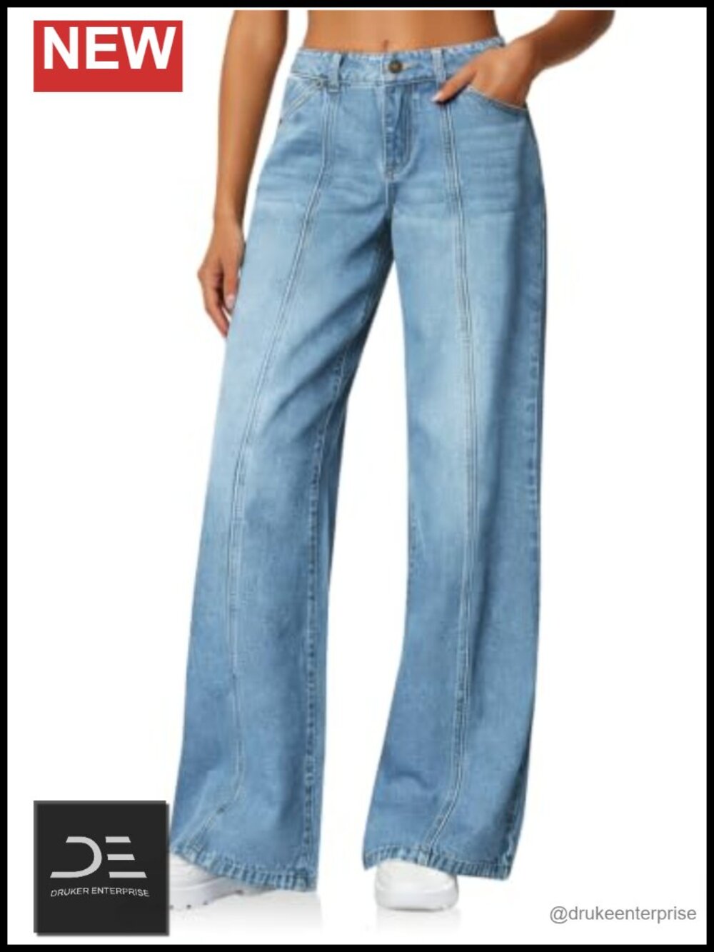 High Waisted Wide Leg Stretch Jeans with Front Seam Detail